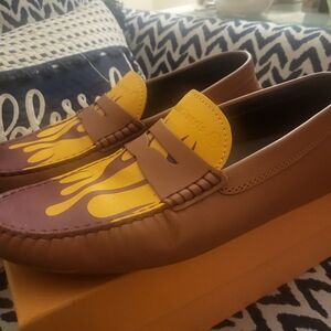 Palm Angels X Moncler X Tod's Brown Leather Loafers with Yellow Flame Detail